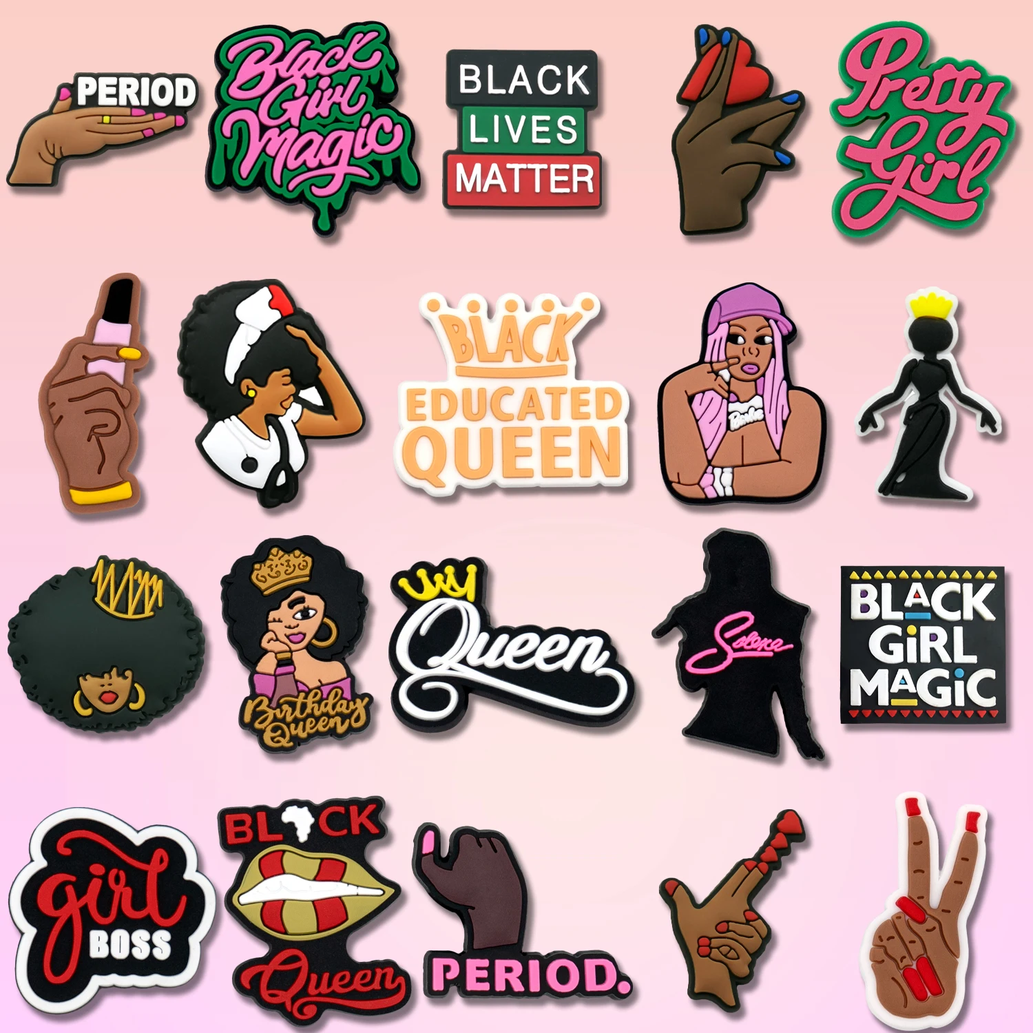 

1/20/100pcs Black Style Shoe Charms Accessories for Women Queen Lips Shoe Decoration Sandals Fits All Clogs Pin Jeans