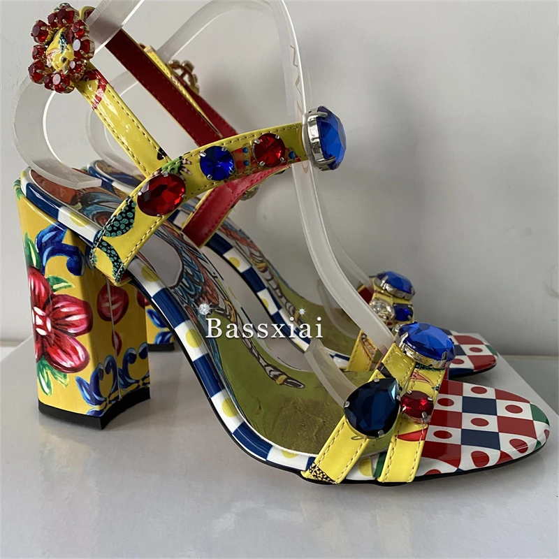 Exotic Style Colorful Print Sandals Women Luxury Diamond Rhinestone Embellishment Ankle Strap Real Leather Summer Shoes