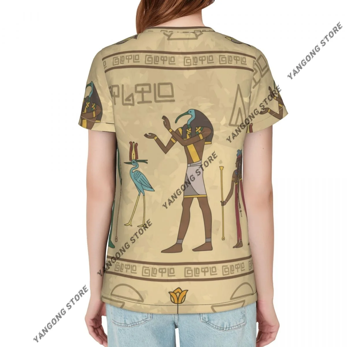 Casual Summer Woman Skinny Fit T-shirt Tight Short-Sleeve O-neck Tee Basic Egypt Hieroglyphic T Shirt