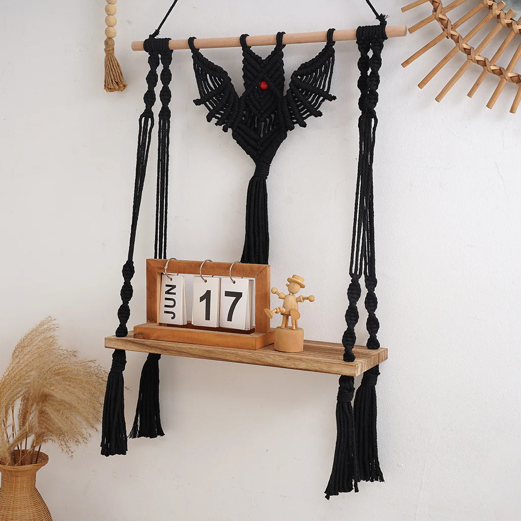 Black Halloween Macrame Wall Hanging Tapestry Bat Shape Cotton Rope Weaving Wall Storage Rack Wall Hanging Shelf Organizers