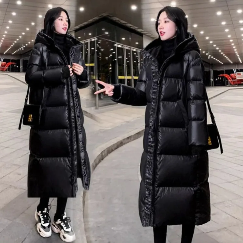 

Black Glossy Parka Coat Women's 2024 Fashion Thicken Winter Hooded Loose Long Jacket Female Windproof Rainproof Warm Outwear