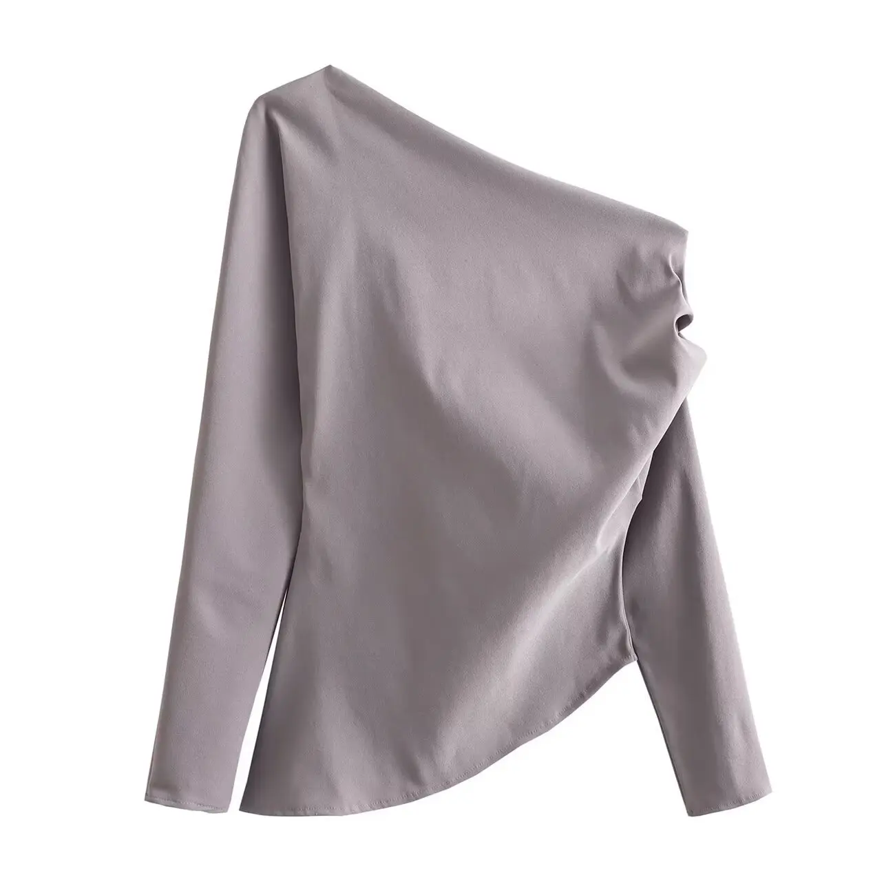 Herfst En Winter Schuine Schouder Asymmetrisch Ontwerp, Geplooid Slim Fit Shirt Voor Vrouwen