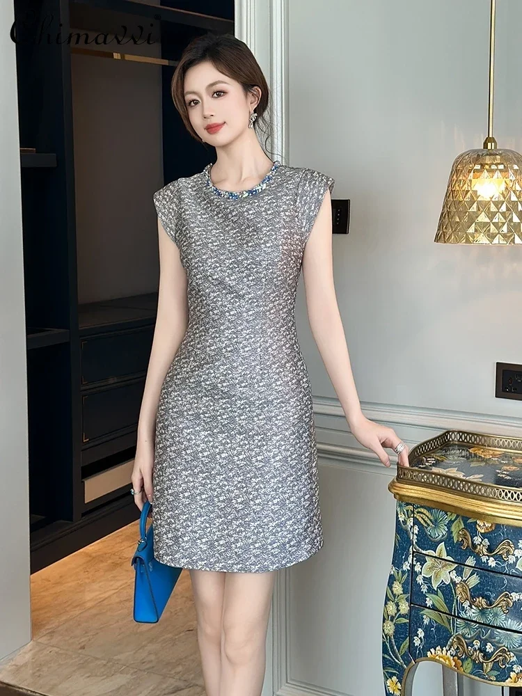 

French Elegance Socialite Commuter Diamond Round Neck Sleeveless High Waist Slim Fit Temperament Hip-wrapped Short Dress Women