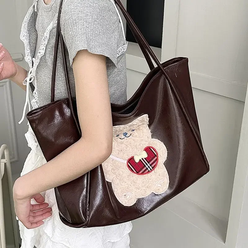 Fashion Bear Tote Bag for Women Y2K Simple Large Capacity College Students Class Commuter Shoulder Bag Full Match Women's Bag