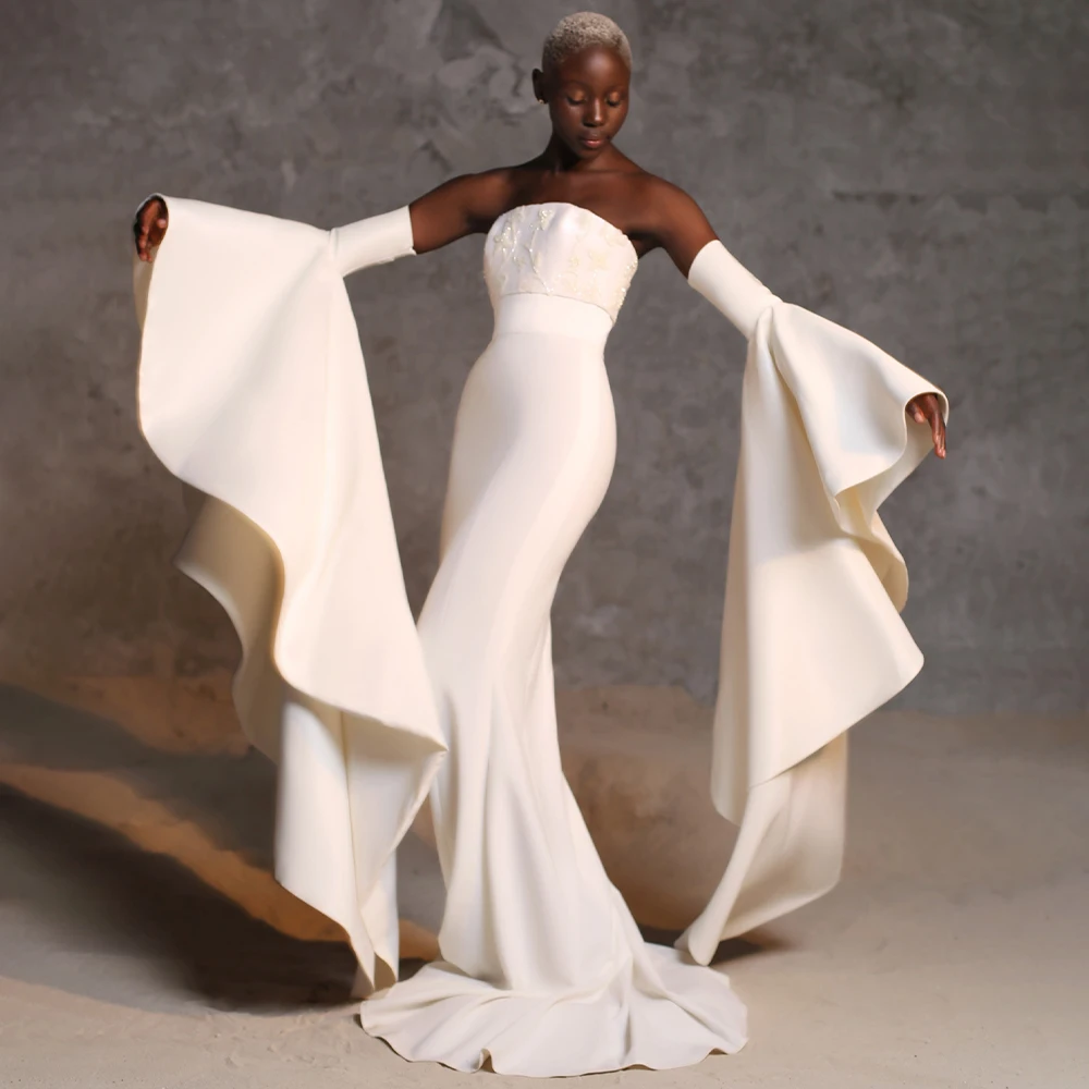 

Beading Applique Evening Dresses for Women Mermaid Strapless Elegant Gowns with Detachable Ruffle Sleeves Party Dress