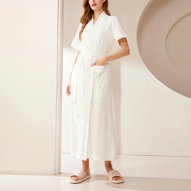 Solid White Cotton Kimono Long Robe Women's Dressing Gown Girl Absorbent Terry  Light Weight Towel Bathrobe Sleepwear Nightgown