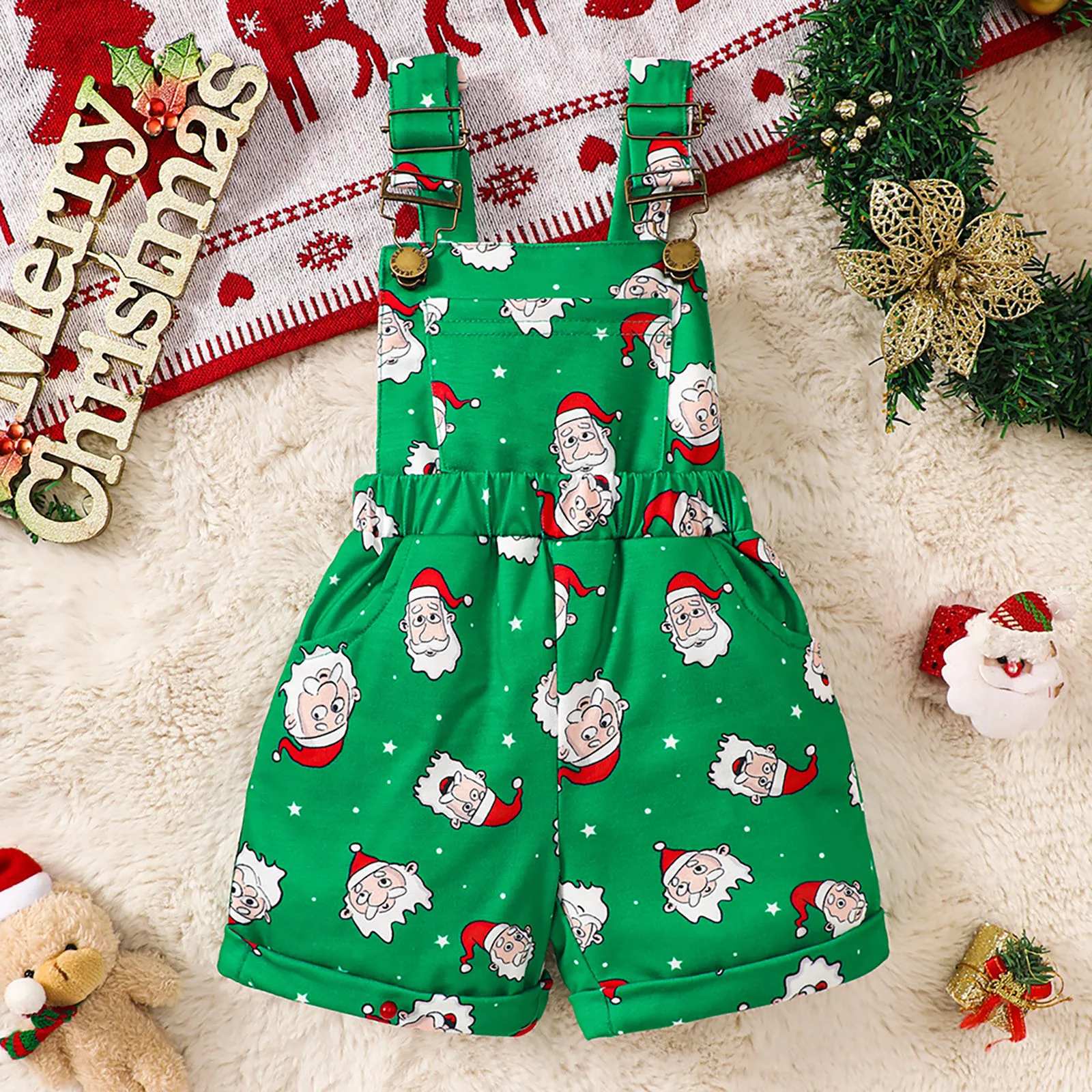 Kids Baby Girls Romper Overalls 2024 Christmas Fashion Cartoon Santa Print Suspender Shorts Playsuits for Kids Girls 1-6Years