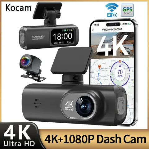 Caméra de tableau de bord 4K UHD pour caméra de voiture, double objectif avant et arrière avec GPS WiFi 24h, Mode de stationnement, Vision nocturne, enregistreur vidéo DVR pour voiture