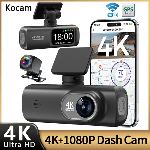 Imagen 1 del producto Cámara de salpicadero 4K UHD para cámara de coche lente Dual delantera trasera con GPS WiFi 24h modo de estacionamiento visión nocturna registrador de vídeo DVR para coche