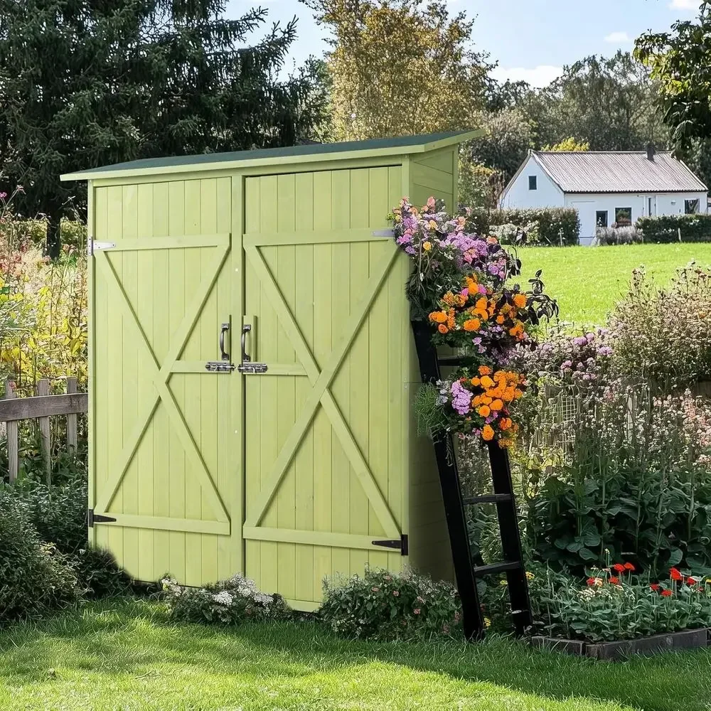 Extra Large Outdoor Wooden Storage Shed with 2 Shelves, Light Green Garden Tool Cabinet for Lawn Equipment