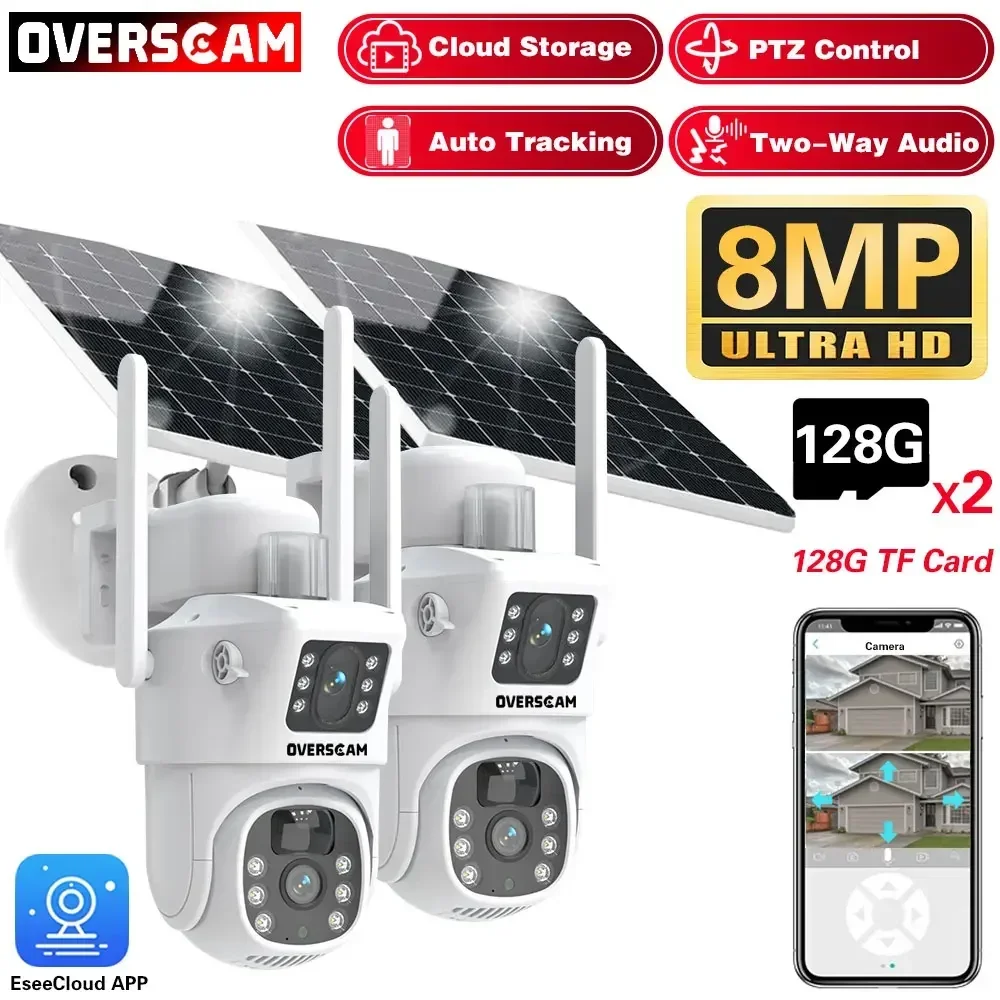 

Eseecloud APP Solar 4K 8MP Zoom WIFI Battery Dual Lens PTZ Solar Dual Screens Ai PIR Detect Security CCTV IP Surveillance Camera