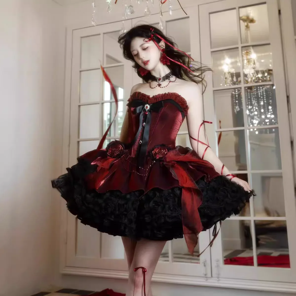 

Японское платье для бар-мицвы для девочек, пушистое платье принцессы Thousand Gold Sense, элегантное милое черно-красное платье на подтяжках в стиле Лолиты