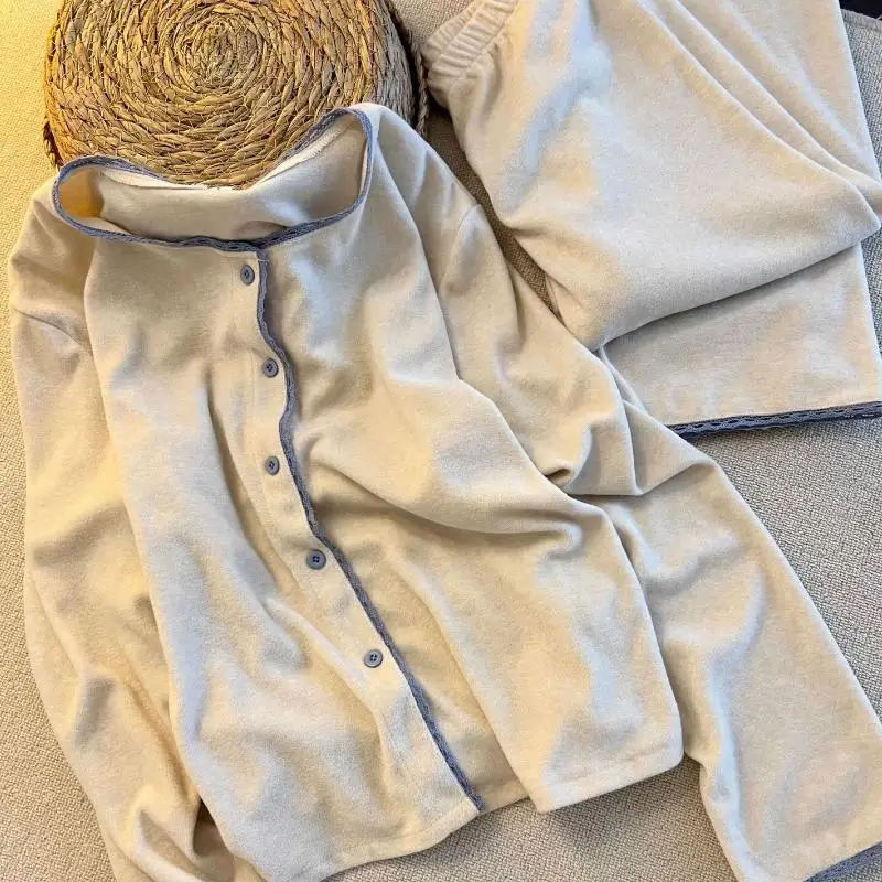 Fashionable Women's Sleepwear Sweet and Simple Autumn and Winter Girls' Thick Long Sleeved Set Korean Version Home Clothescute