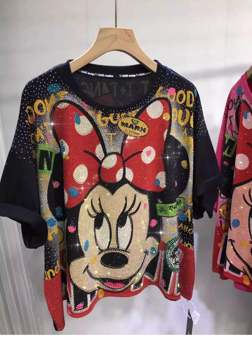 

plus Size Heavy Rhinestone Bowknot Cute Minnie Cartoon round Neck Short Sleeve Midi Slimming T-Shirt for Summer