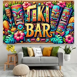 1 Bright Tiki Bar polyester banner - totem pole and floral design background, suitable for party decorations