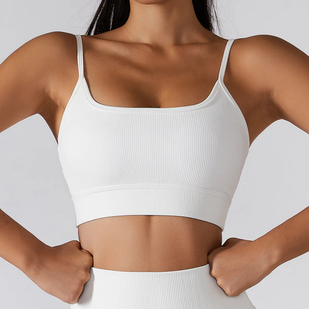 

Women's Strappy Sports Bras Square Neck Padded Spaghetti Thin Strap Fitness Workout Yoga Bra Crop Tank Top with Removable Cups