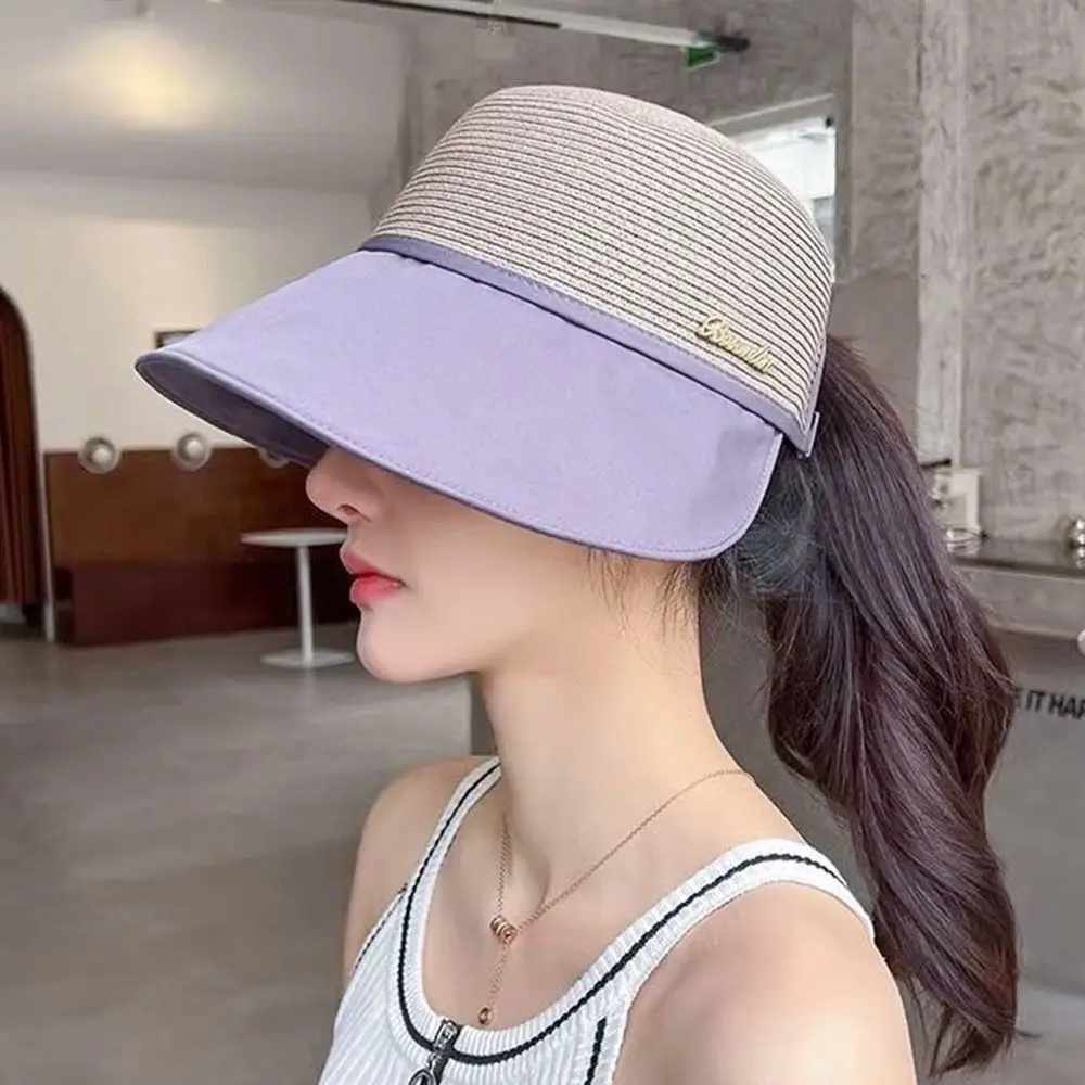 Summer Women Bucket Hat UV Protection Sun Hats Soft Foldable Wide Brim Outdoor Beach Hat Panama Cap Ponytail Cap