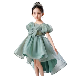 2024 Summer Green Kids Princess Dress for Birthday Ceremonies Wedding Party Flower Girls Tulle Asymmetrical Size 4-14 Pink