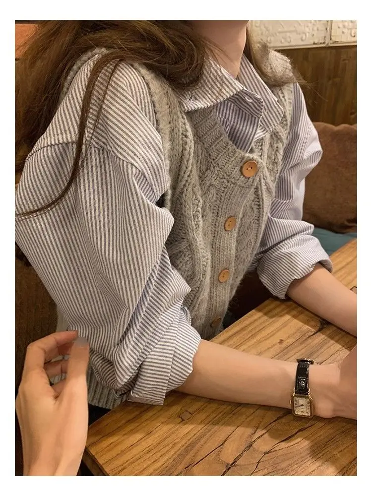 Cotton Design Blue Striped Shirt for Women's 2024 Autumn New Korean Style Outfit Ins Loose and Slimming Casual Top