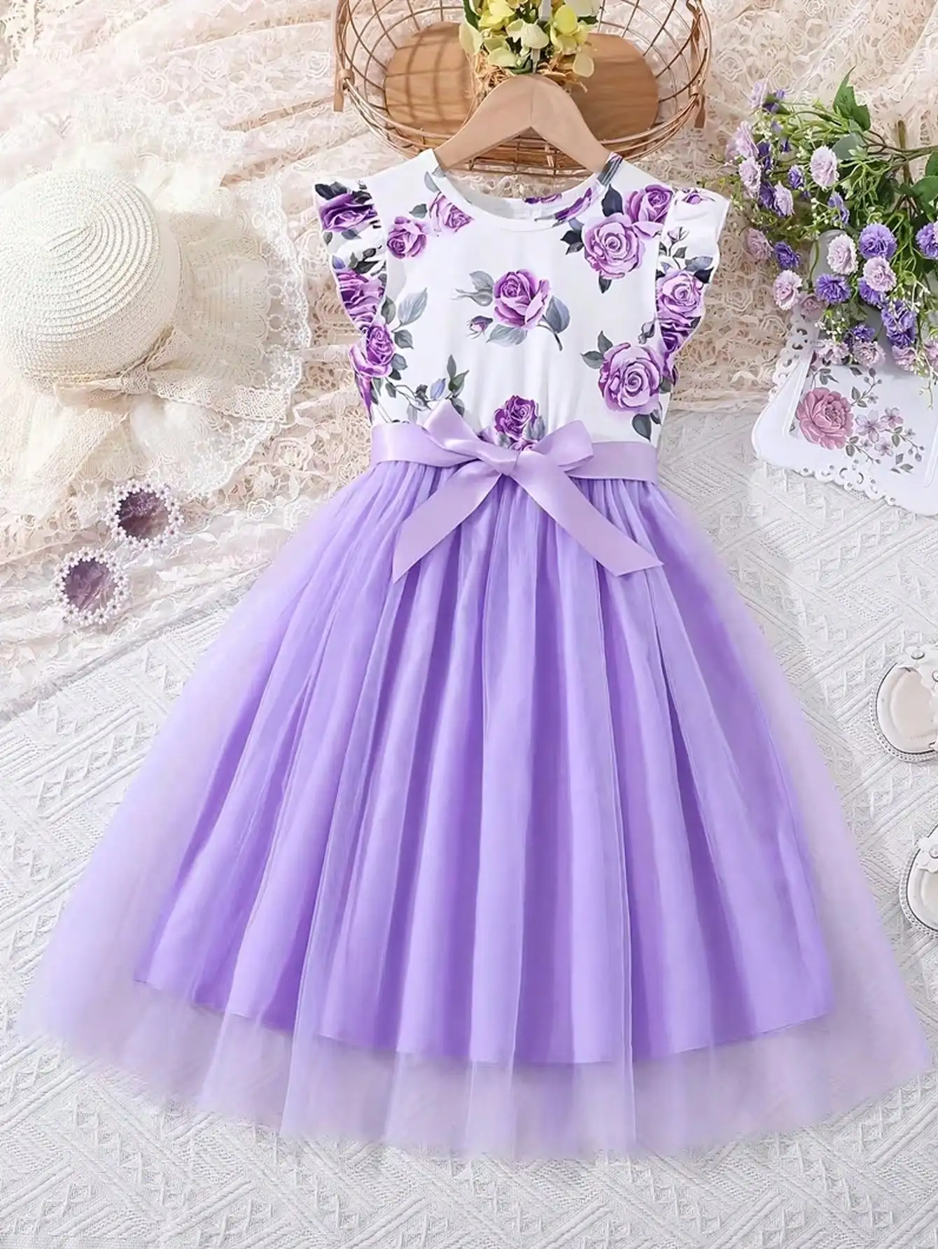 2026 Summer New Collection, Children's and Women's Clothing, Small Flying Sleeve Printed Round Neck Cute Plush Dress image 5