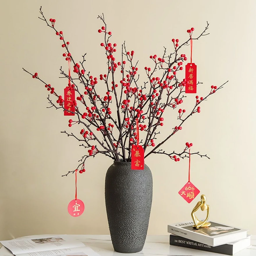 

1pc Artificial Plant Holly Little Red Fruit New Year Home Vase Table Garden Festival Party Wall Wedding Decor DIY Gift Box Cheap