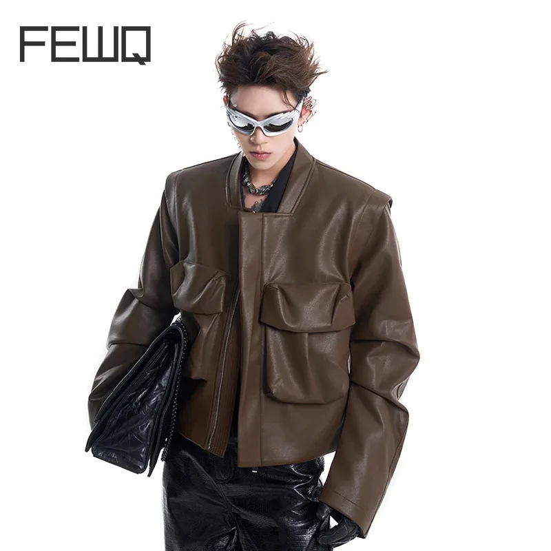 FEWQ Men's PU Leather Jacket Niche Large Pocket Design Short Square Neck Men's American Tops Darkwear New Fashion 24E2852