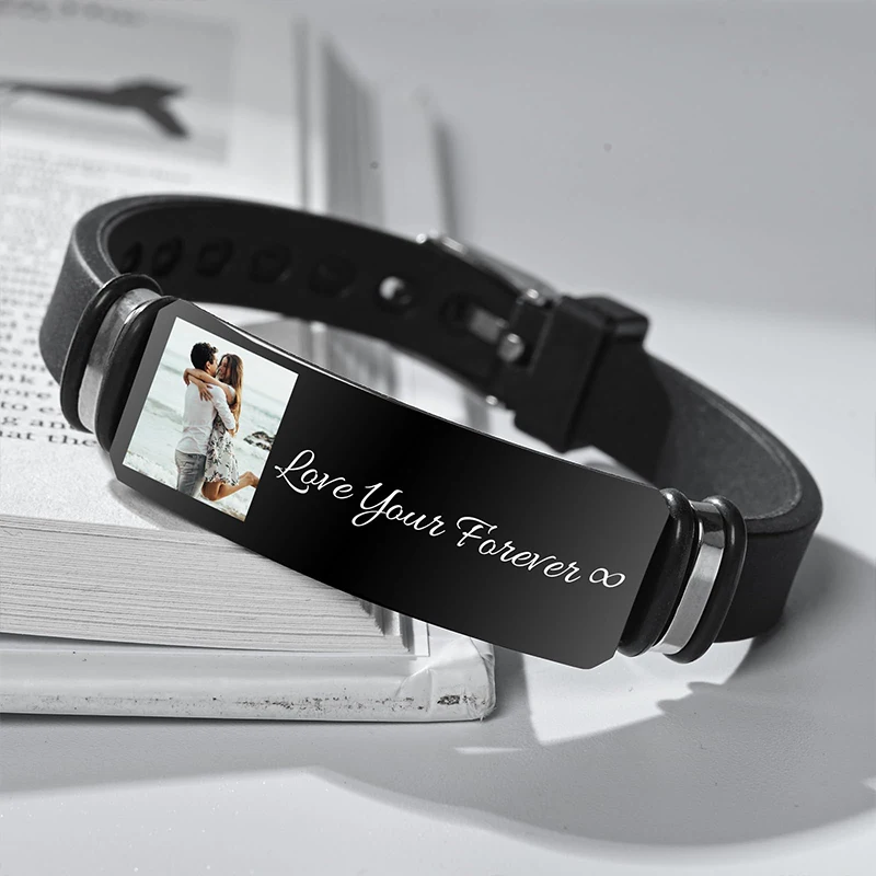 Customized Photo Text Bracelet Personalized Silicone Wristband Bracelet Lovers Bracelet for Father Family Friends Memory Gifts