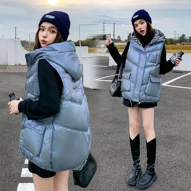 2023 New Puffer Vest Women Sleeveless Winter Warm Puffer Lightweight Hooded Cotton With Pocket  Waistcoat Jacket Outerwear