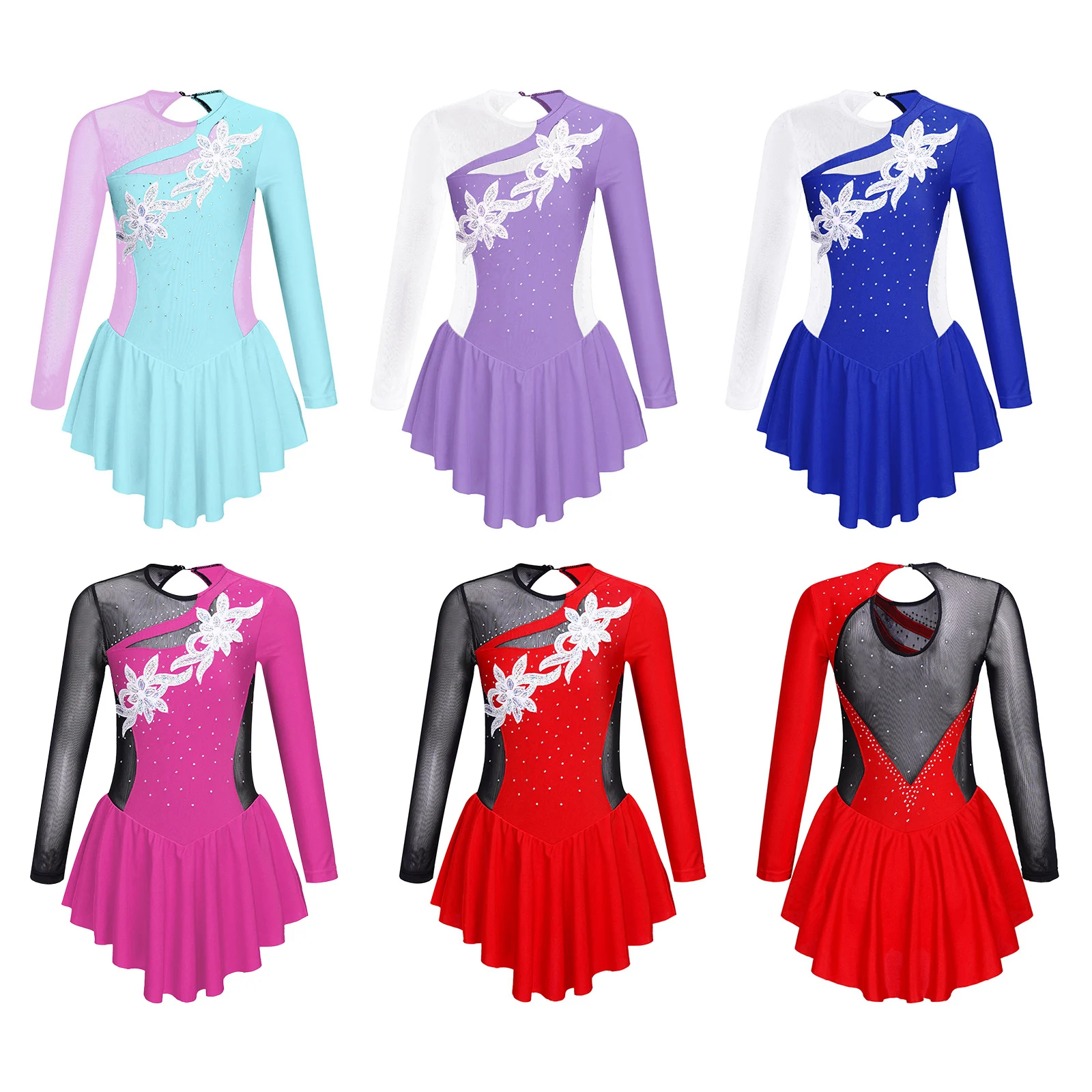 Children Girls Figure Skating Dress Long Sleeve Shiny Rhinestone Tutu Ballet Dance Dresses Rhythmic Gymnastics Leotard Dancewear