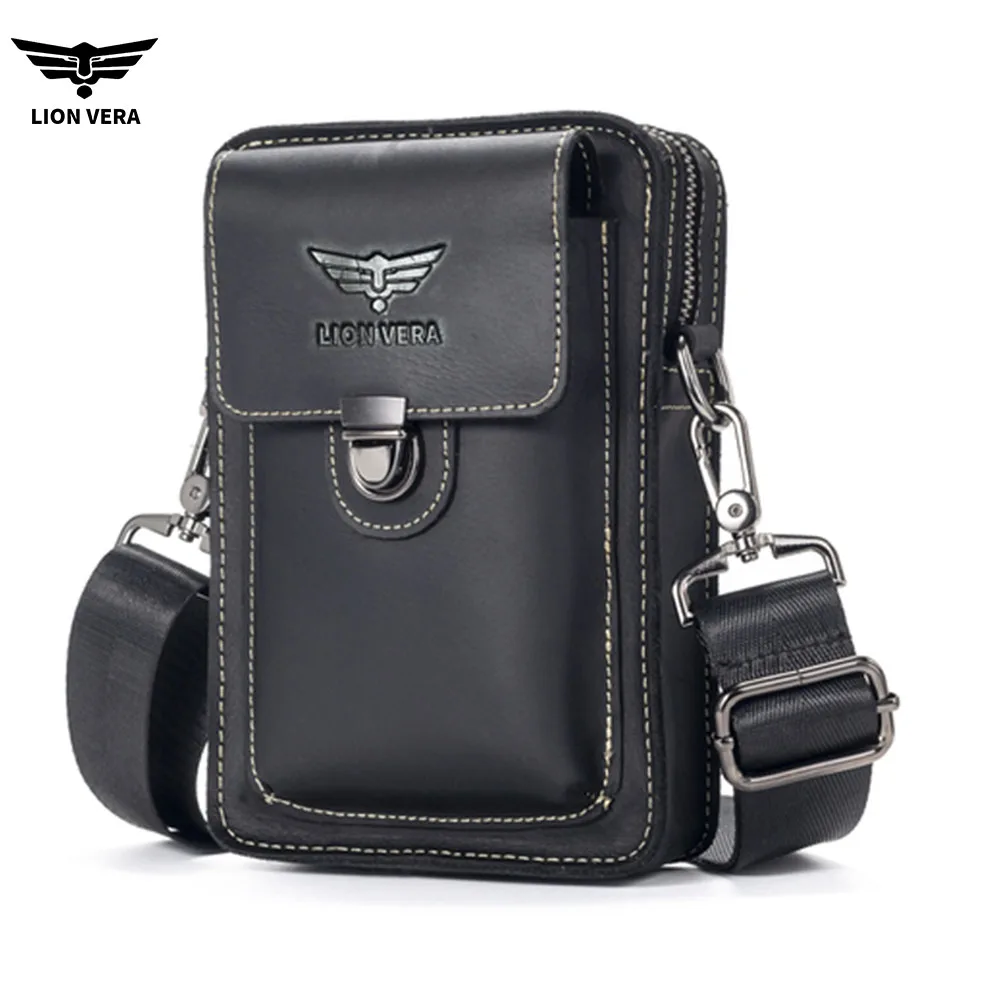 LION VERA Men's Leather Crossover Bag 5.3-inch Carry on Waist Bag Retro Casual Waist Shoulder Bag Zero Money Bag