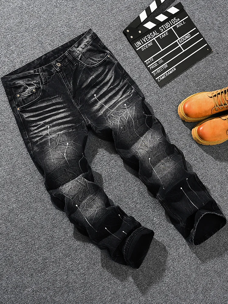 

Spring American heavyweight brand splashed ink dot paint loose straight leg jeans for men, wide leg black pants