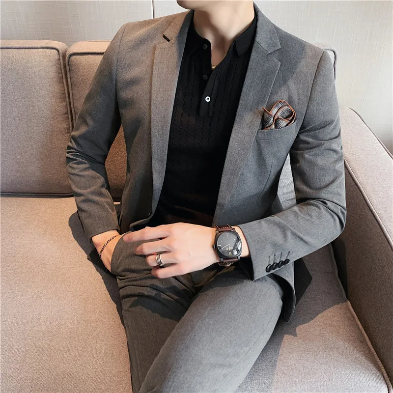 (Jas + Broek) 2023 Pakken Mode Nieuwe Mannen Hoge Kwaliteit Lage Prijs Zakelijke Bruiloft Bruidegom Pure Kleur Blazers Broek 2 Stuks Set