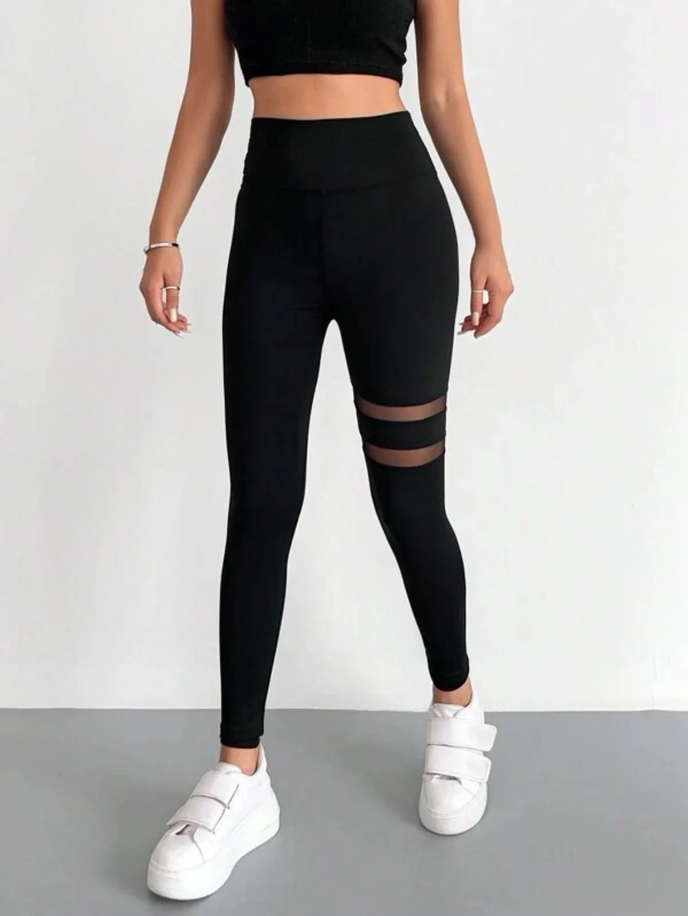 Contrast Mesh Solid Skinny Leggings Elegant High Waist Workout Leggings