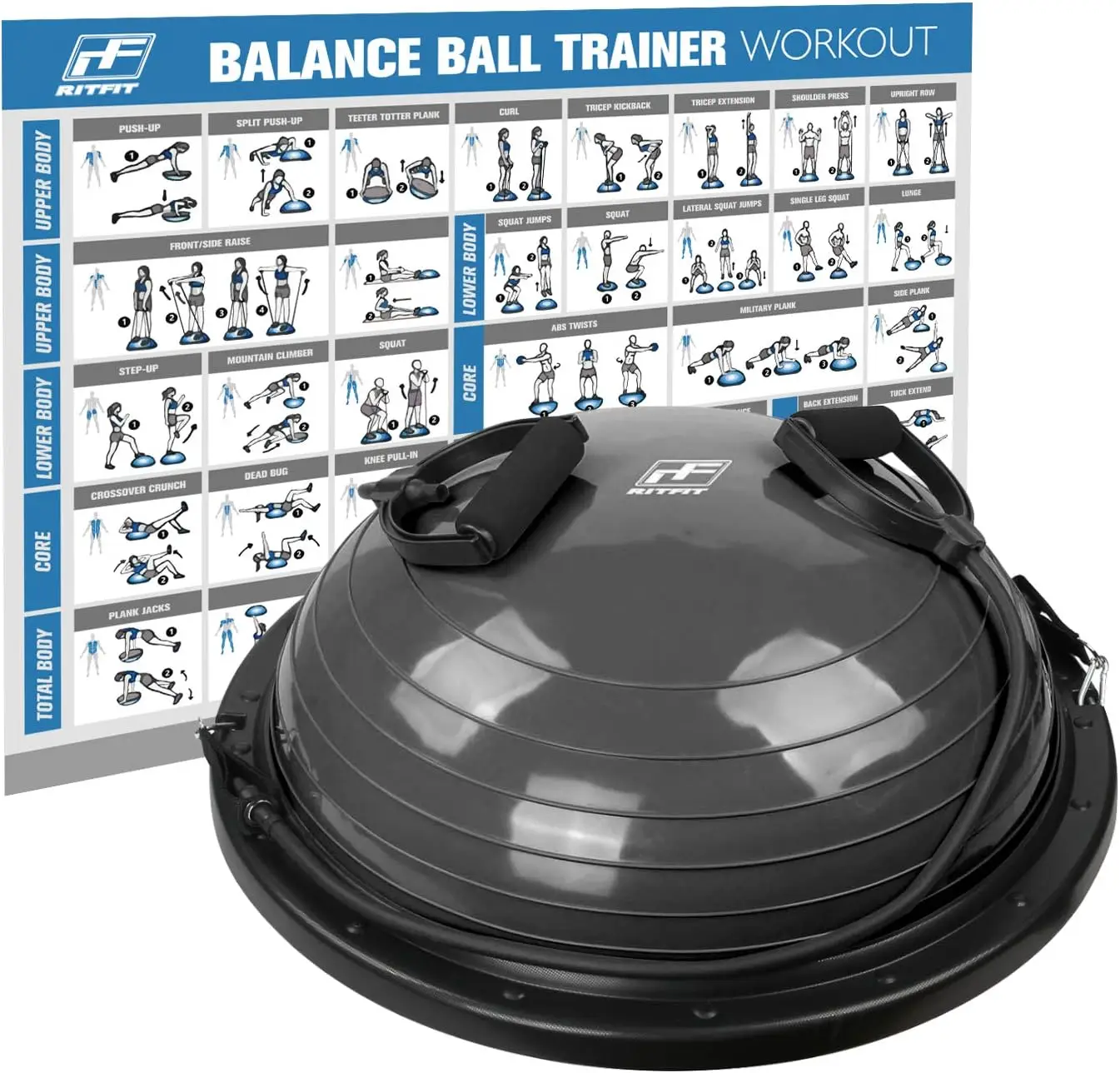 

RitFit Balance Ball Trainer, 60 CM, Half Ball for Yoga,Fitness,Strength Exercise with Air Pump, Resistance Bands and Free