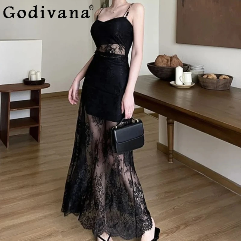 

L-4XL Large Size Black Lace Splicing Square Neck Long Suspender Dress Women's Summer Sexy Black Slim Hollow Sleeveless Dresses