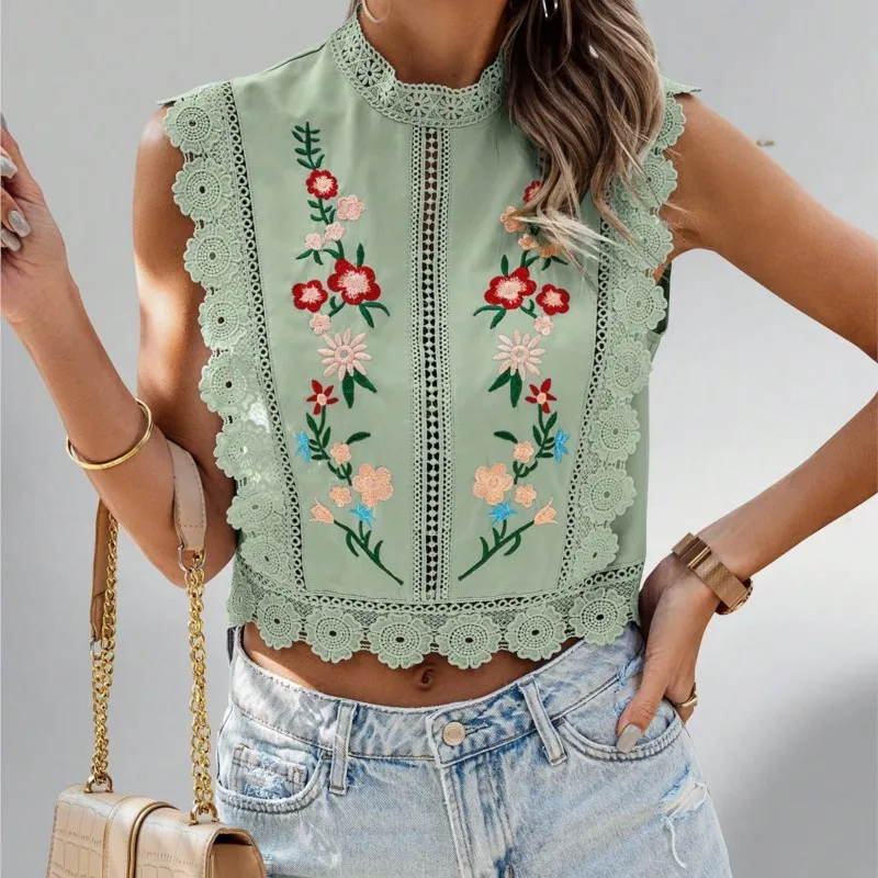 Camisa de gasa de verano para mujer, blusas tipo jersey, camiseta hueca sin mangas con cuello redondo y planta bordada de encaje a la moda, ropa para mujer