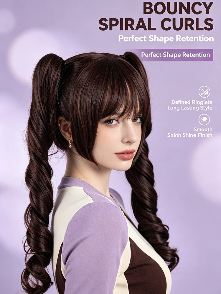 Synthetic 18 Inch Lolita Brown Detachable Double Ponytail Roman Curl Straight Bangs Wig Halloween Cosplay Heat Resistant