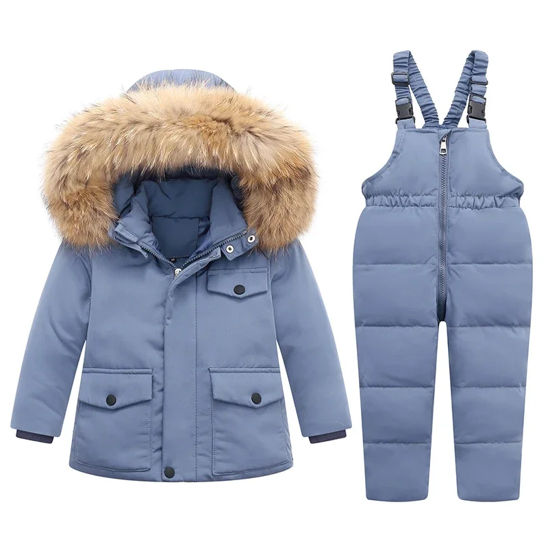 

Parka Real Fur Hooded Boy Baby Overalls Winter Down Jacket Warm Kids Coat Child Snowsuit Snow Girl Clothes Clothing Set A29