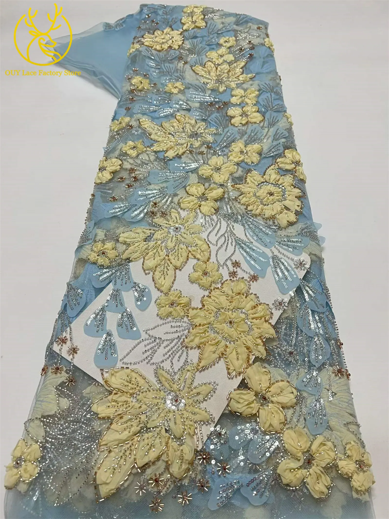Exquisiter französischer Spitzenstoff mit Blumenstickerei und Pailletten, afrikanischer Perlen-Spitzenstoff für nigerianische Party- und Hochzeitskleider zum Nähen. – Detail 11