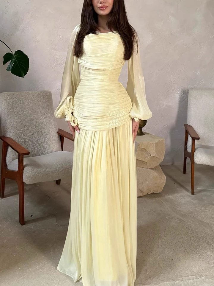 

Элегантное повседневное вечернее платье макси с круглым вырезом, завышенной талией и плиссировкой, однотонное, с длинным рукавом, для банкетов и торжеств