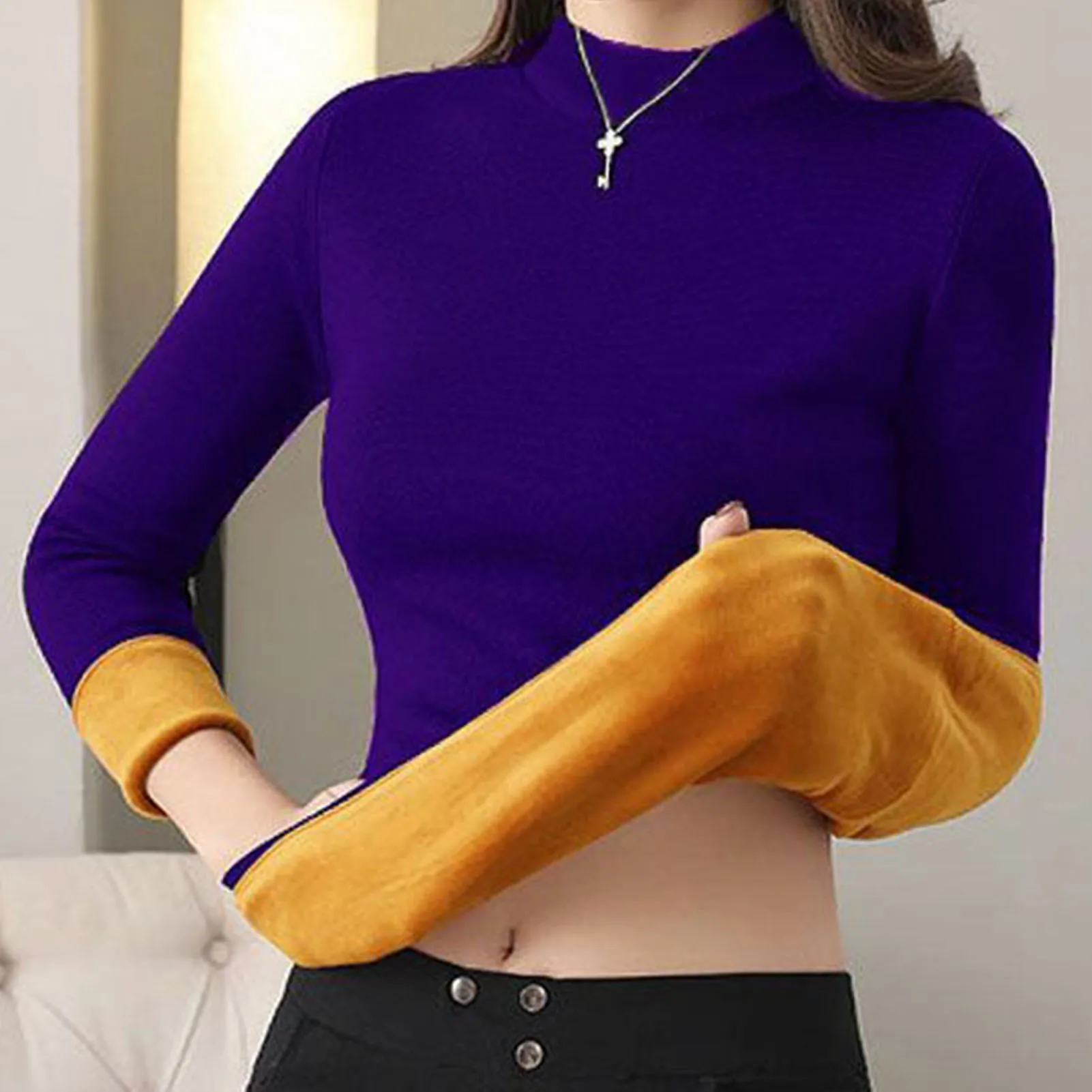 Women Thermal Basic Pullover Self-Heating Warm Velvet Shirt for Casual Daily Travel Home