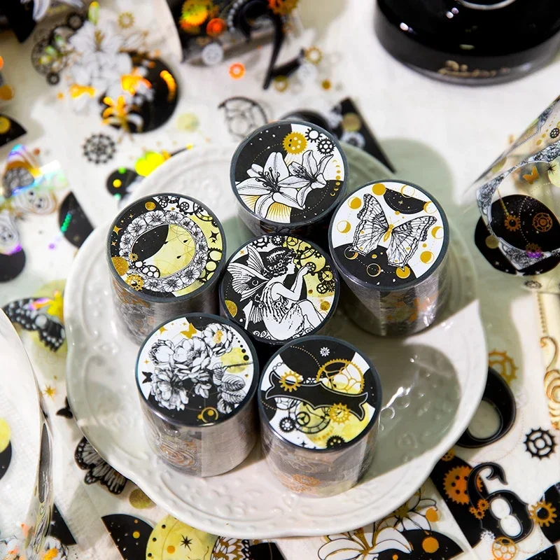 1Roll Tape 2M Laser Gold Flowers Material Decorative Butterflies Black Elf Girl Numbers Supplies DIY Adhesives Scrapbook 48MM