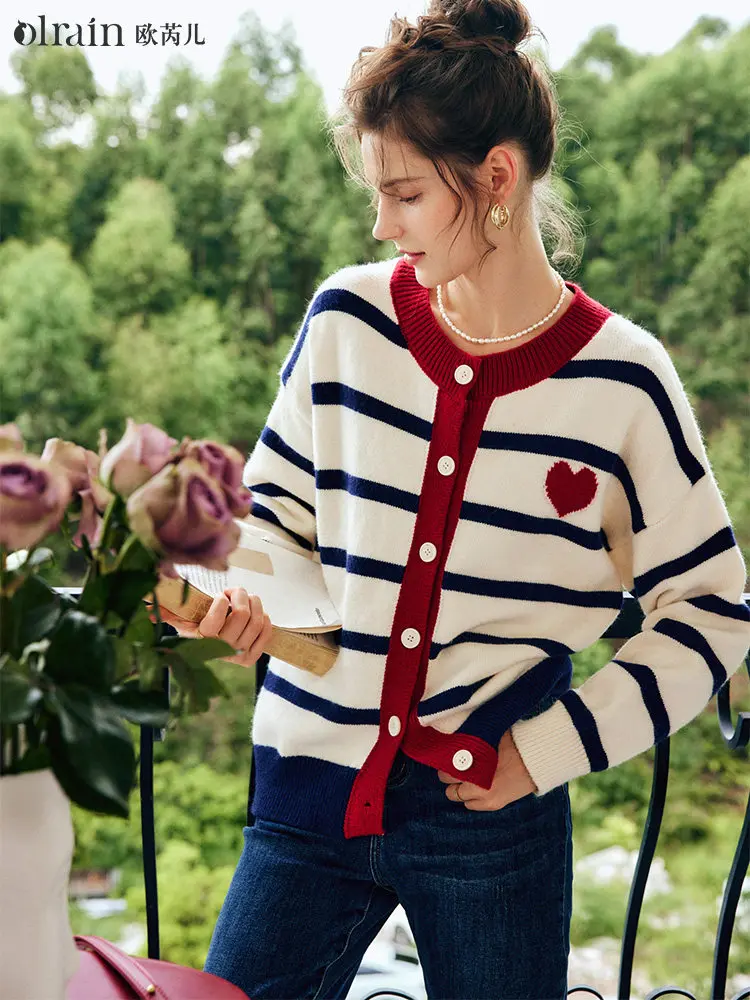 

OLrain Women's Striped Jumper 2025 Autumn Round Neck Casual Female Cardigan Long Sleeve Color Block Knitwear Woman O22QM60300