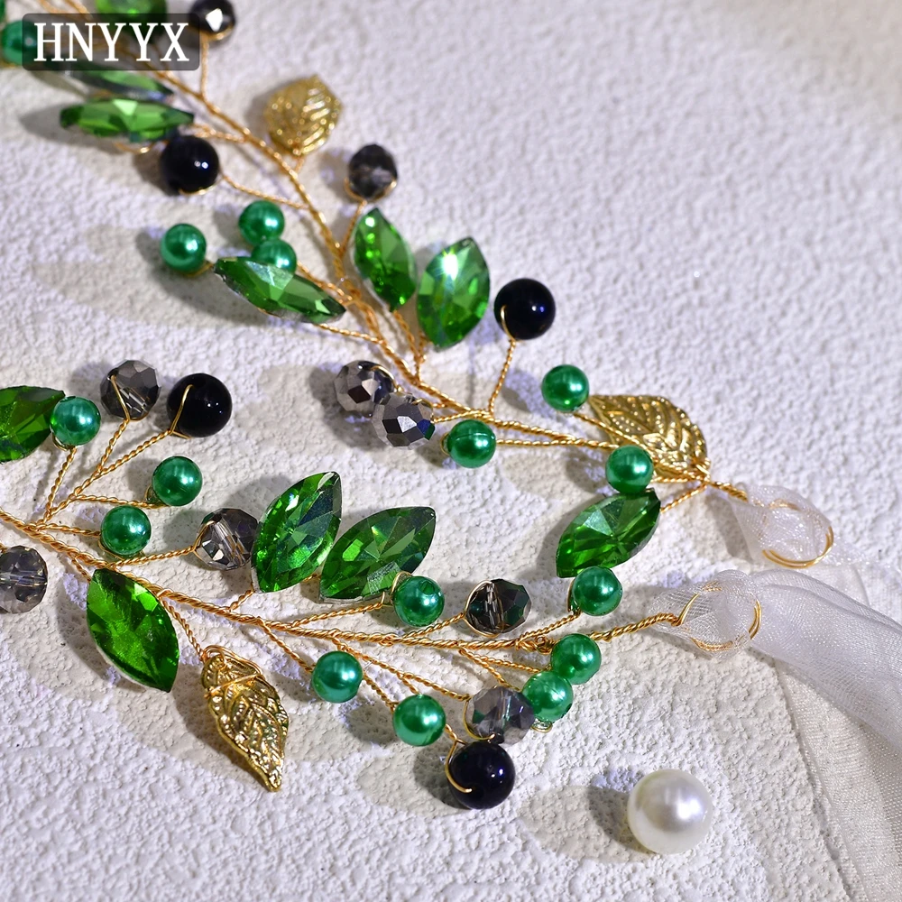 HNYYX Green Bling Rhinestone Belt Daily Fashion Crystal Party Prom Dress Belt Alloy Leaf Bridal Wedding Gown Sash SA233