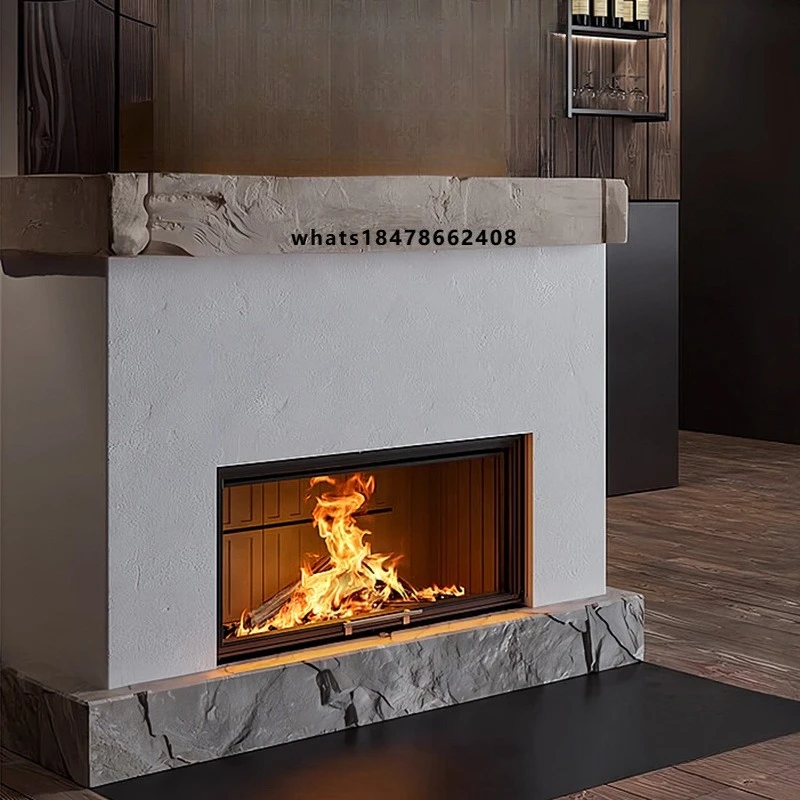 Real-Flame Modern Steel Freestanding Fireplace with Embedded Wood-Burning Furnace for Home Hotels Apartments Villas Heating
