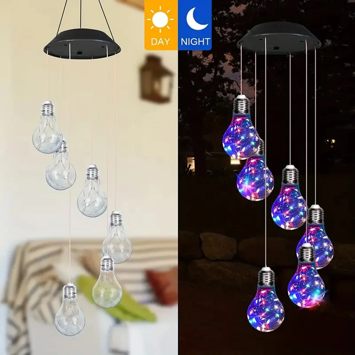 1 Pack Colorful Lights Solar Bulb Wind Chimes Hanging 6 LED Pendants Solar Windchimes Lamps For Home Garden Outdoor Decorations