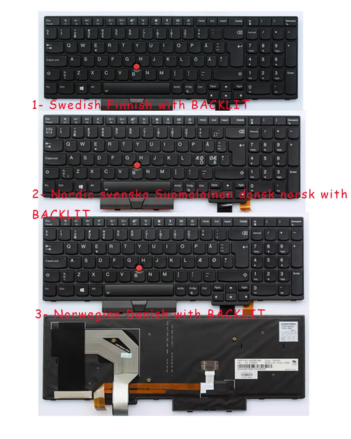 

New Nordic Norwegian Danish Swedish BACKLIT Keyboard for Lenovo Thinkpad T570 T580 P51s P52s Black Frame Black, BACKLIT, Pointer