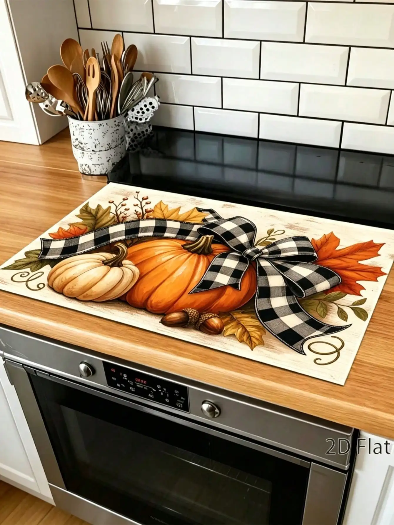 2D Flat, Autumn Harvest Pumpkin Pattern Stove Top Cover, Rustic Plaid Bow Design, Cozy Fall Kitchen Decor, Scratch Resistant, Durable & Reusable Stove Top Cover Board, Ideal For Glass, Kitchen Essentials, Fall Decor, Fall Home Decor