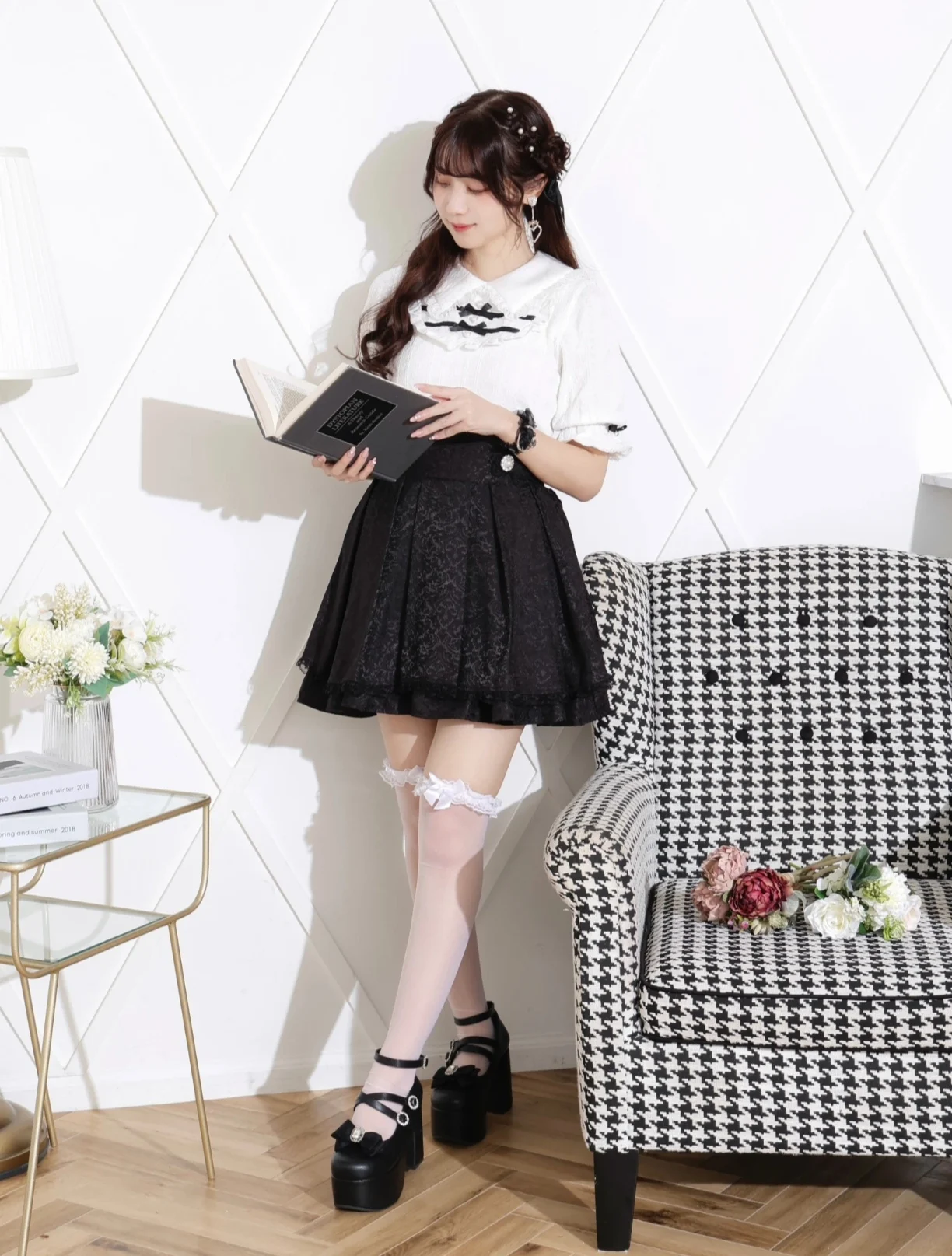 Japanese Mine Style Sweet Girl Dark Pattern Elastic High Waist Back Lace-up Big Bow A-line Pantskirts Pleated Skirt Women Summer