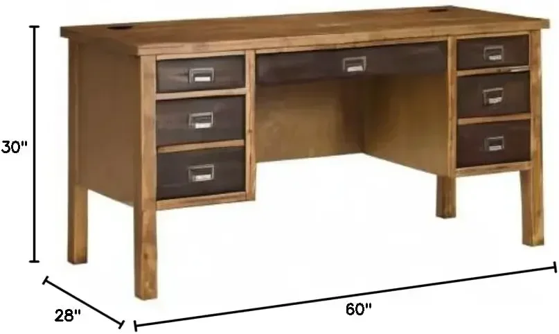 Heritage Half Pedestal Desk, Rough sawn texture with Hand applied hickory Finish on poplar solids & veneers, Two utility drawers